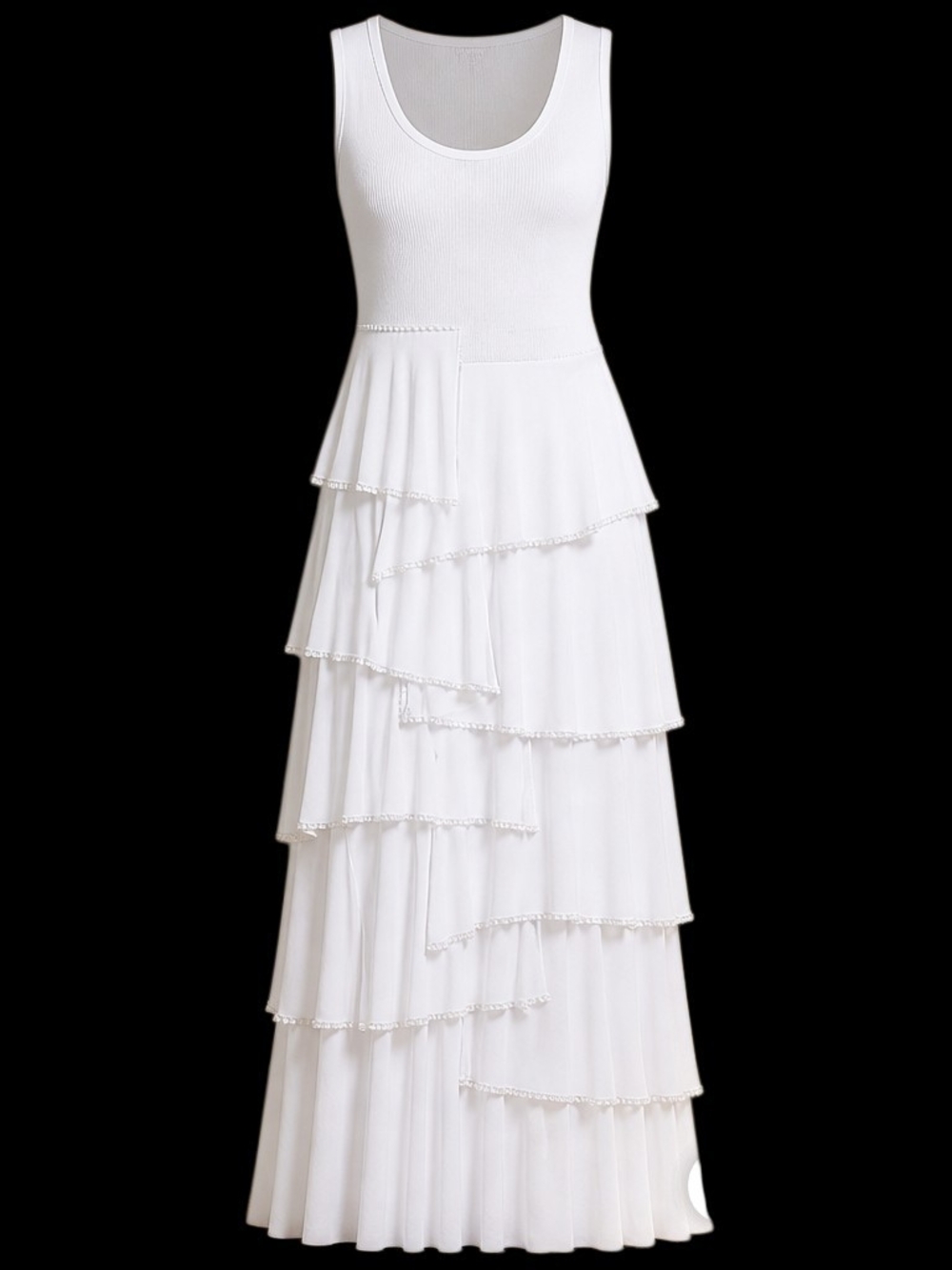 Ashro Womens L White Pearl Beaded Tiered Cascading Ruffle Sleeveless Maxi Dress